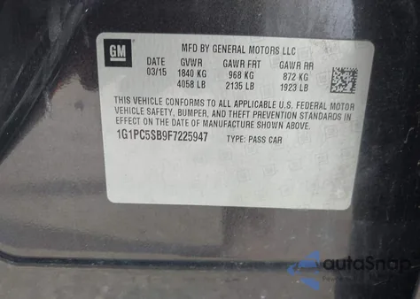 2015 Chevrolet Cruze Lt z USA, uszkodzony, nr VIN 1G1PC5SB9F7225947